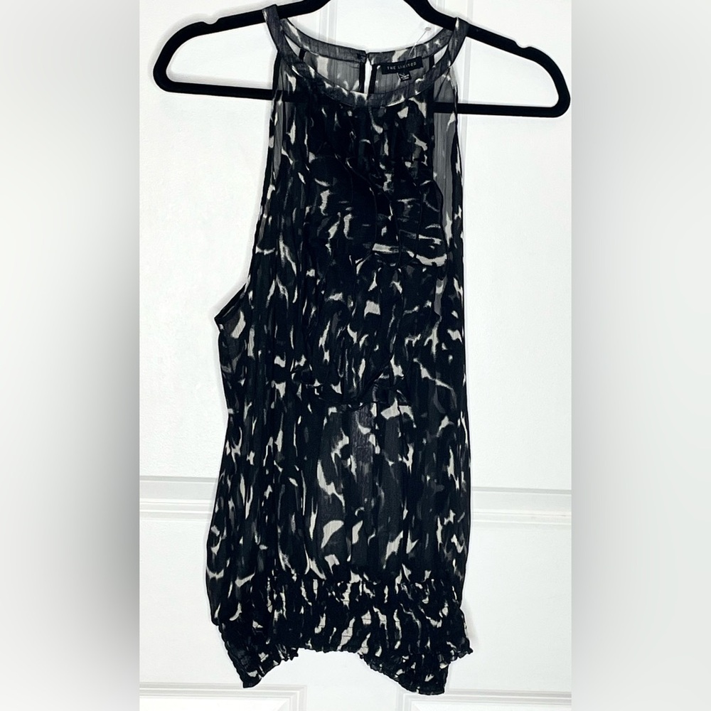 The Limited NWT Black White Abstract Print Halter Bubble Hem Top L sheer